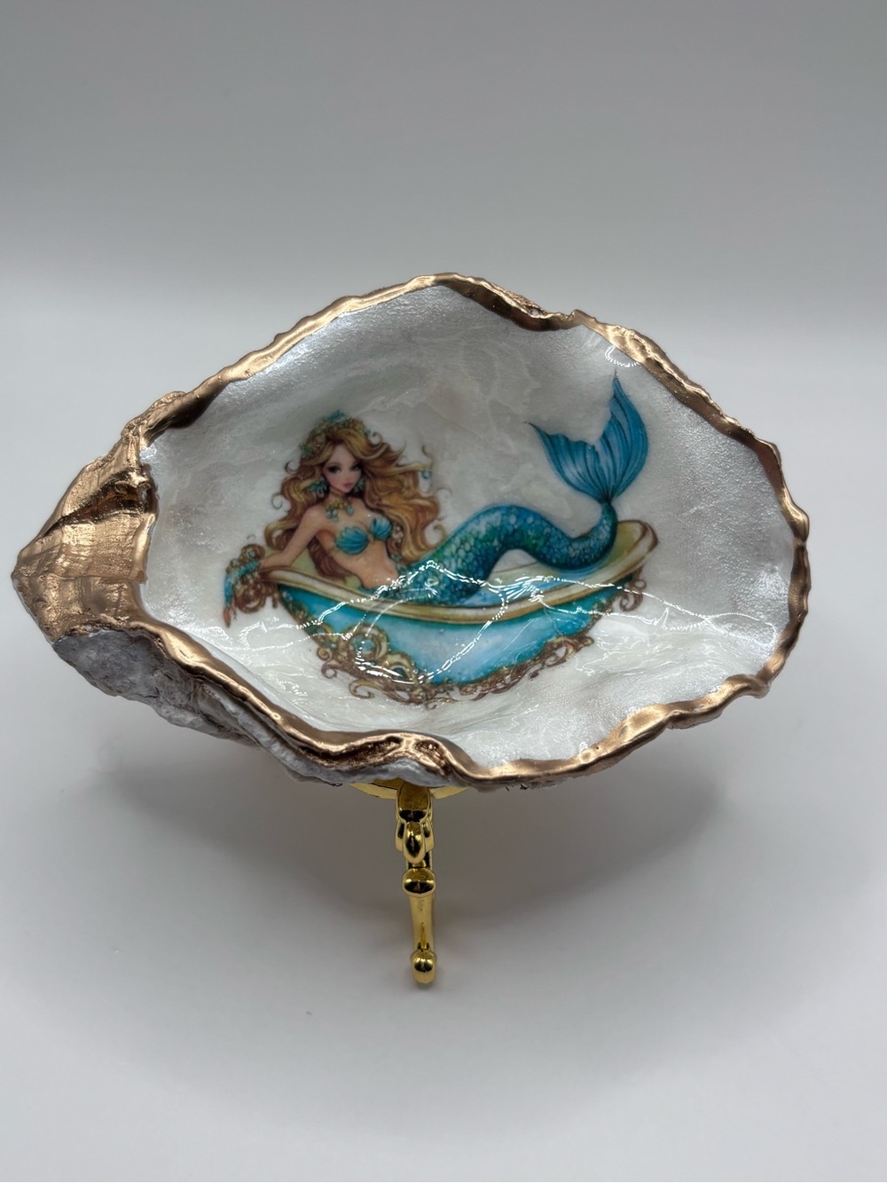 Mermaid Oyster Shell Trinket Dish in Turquoise and Gold - Picture 2 of 4
